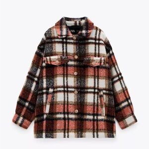 ZARA Red Plaid Wool Blend Overshirt Jacket / Pea Coat / Check Tartan Shacket